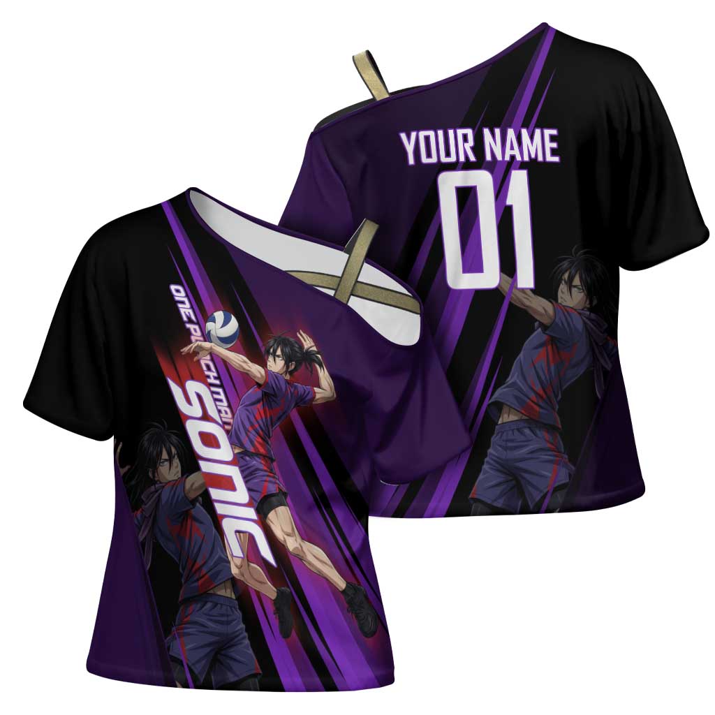 Personalized Sonic Volleyball Design Cross Shoulder Shirt with Purple and Black Athletic Theme and Agile Jump Pose