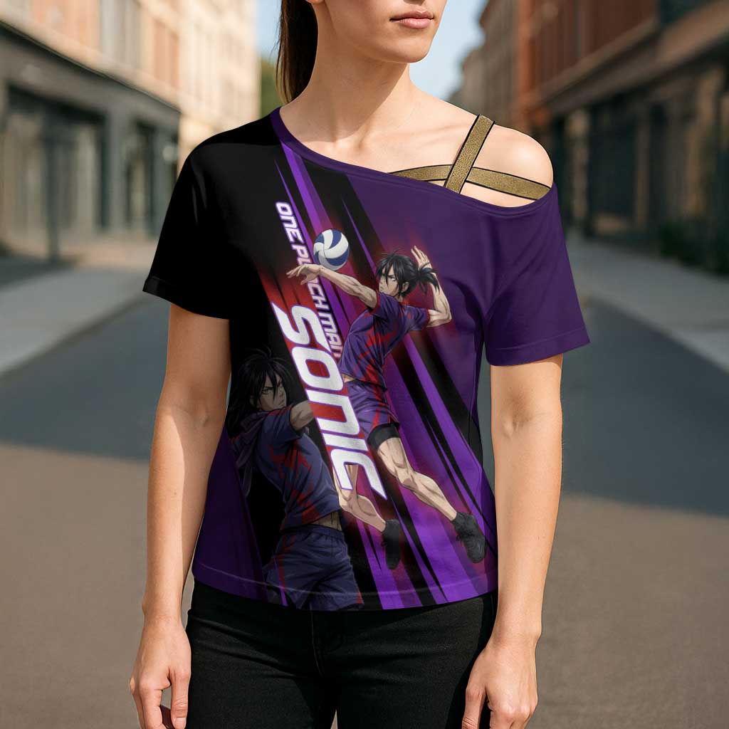 Personalized Sonic Volleyball Design Cross Shoulder Shirt with Purple and Black Athletic Theme and Agile Jump Pose