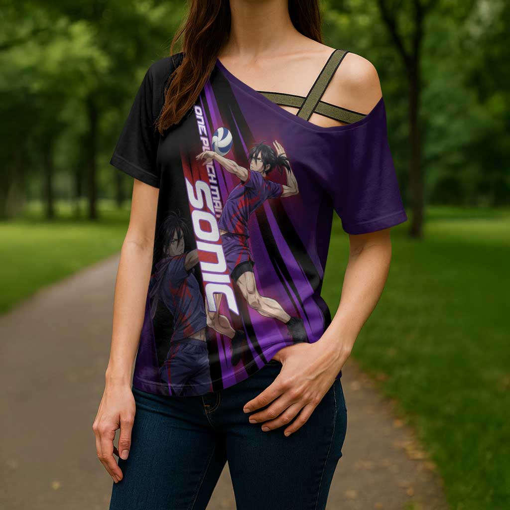 Personalized Sonic Volleyball Design Cross Shoulder Shirt with Purple and Black Athletic Theme and Agile Jump Pose