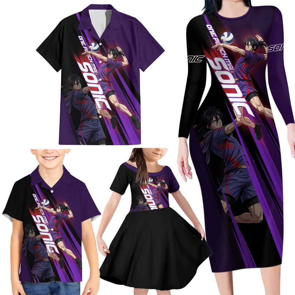 Personalized Sonic Volleyball Design Family Matching Long Sleeve Bodycon Dress and Hawaiian Shirt with Purple and Black Athletic Theme and Agile Jump Pose