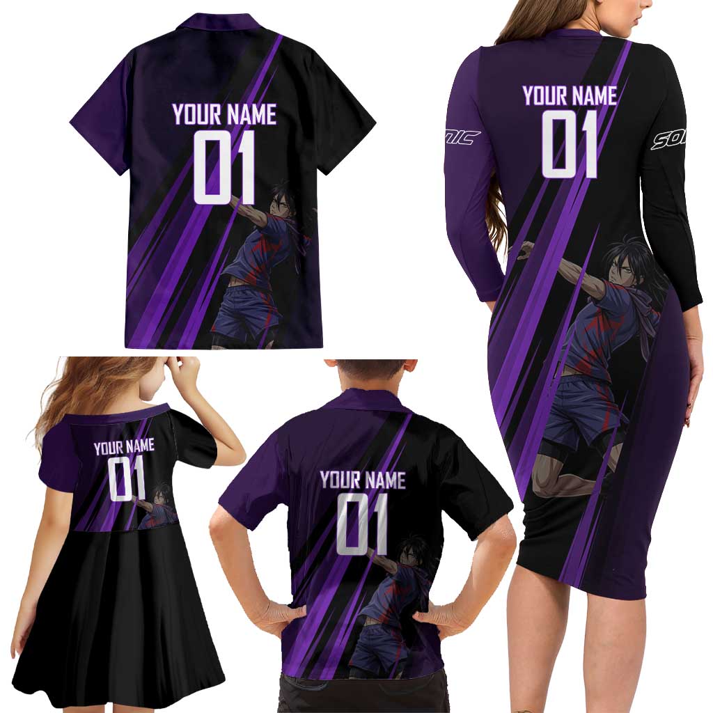 Personalized Sonic Volleyball Design Family Matching Long Sleeve Bodycon Dress and Hawaiian Shirt with Purple and Black Athletic Theme and Agile Jump Pose