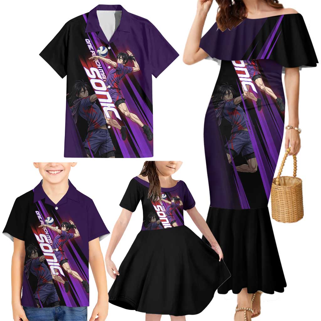 Personalized Sonic Volleyball Design Family Matching Mermaid Dress and Hawaiian Shirt with Purple and Black Athletic Theme and Agile Jump Pose