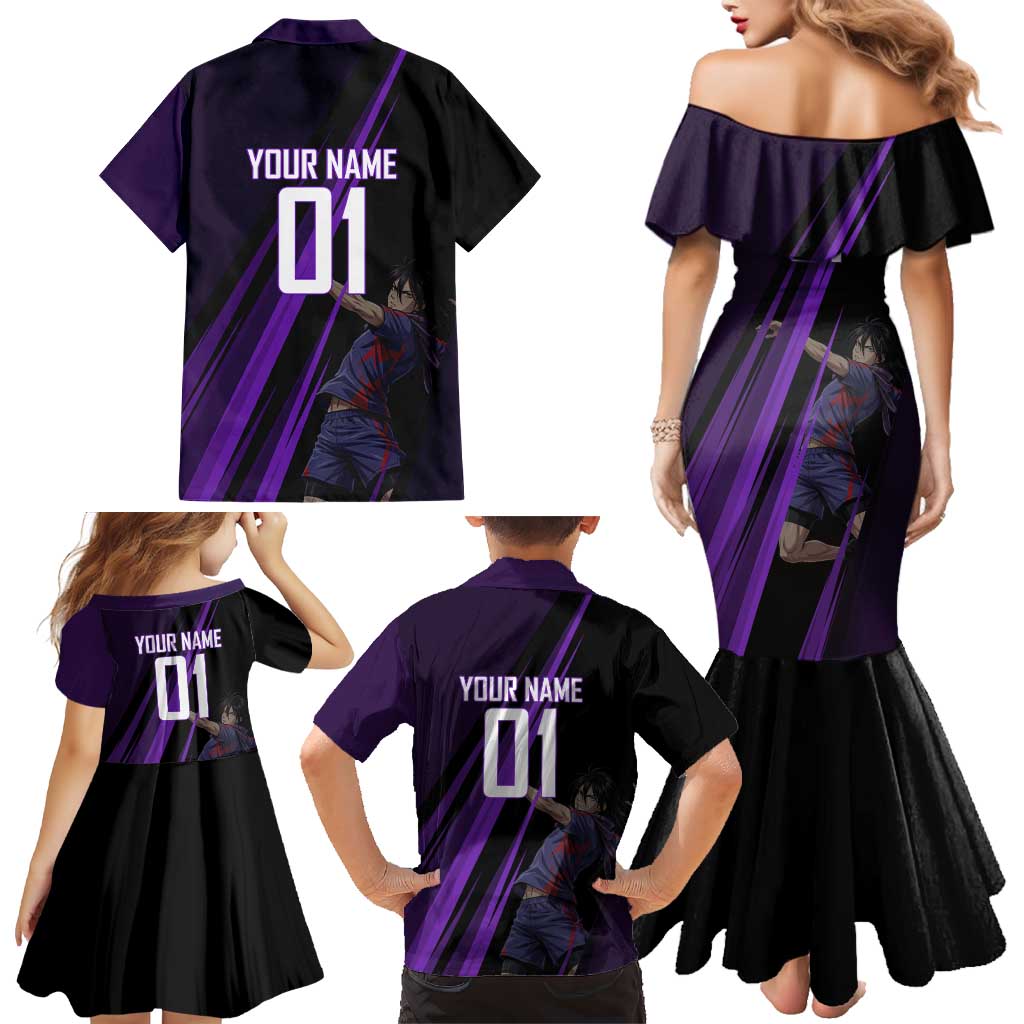 Personalized Sonic Volleyball Design Family Matching Mermaid Dress and Hawaiian Shirt with Purple and Black Athletic Theme and Agile Jump Pose