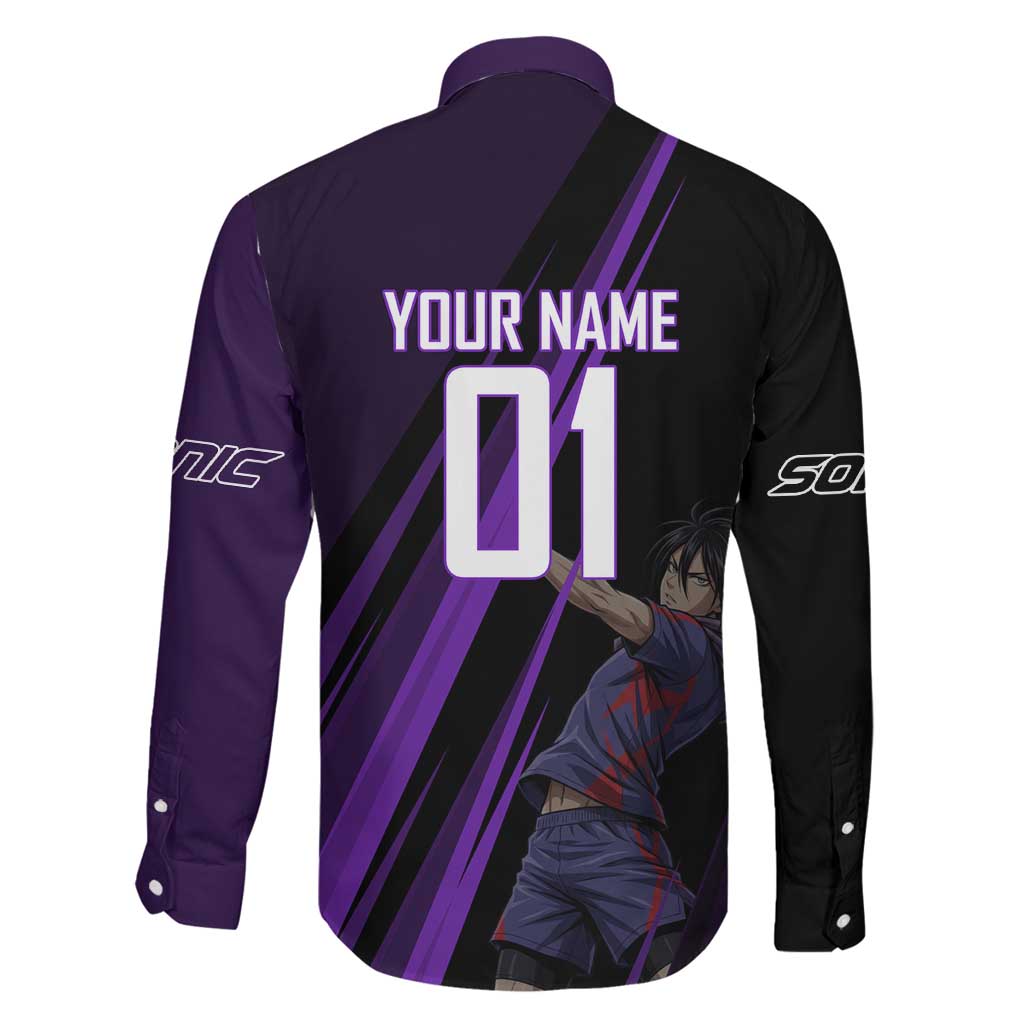 Personalized Sonic Volleyball Design Family Matching Mermaid Dress and Hawaiian Shirt with Purple and Black Athletic Theme and Agile Jump Pose