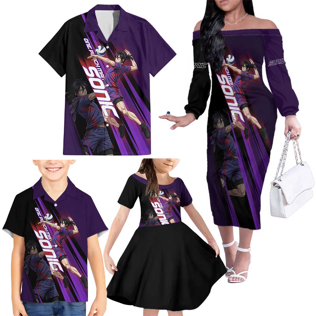 Personalized Sonic Volleyball Design Family Matching Off The Shoulder Long Sleeve Dress and Hawaiian Shirt with Purple and Black Athletic Theme and Agile Jump Pose
