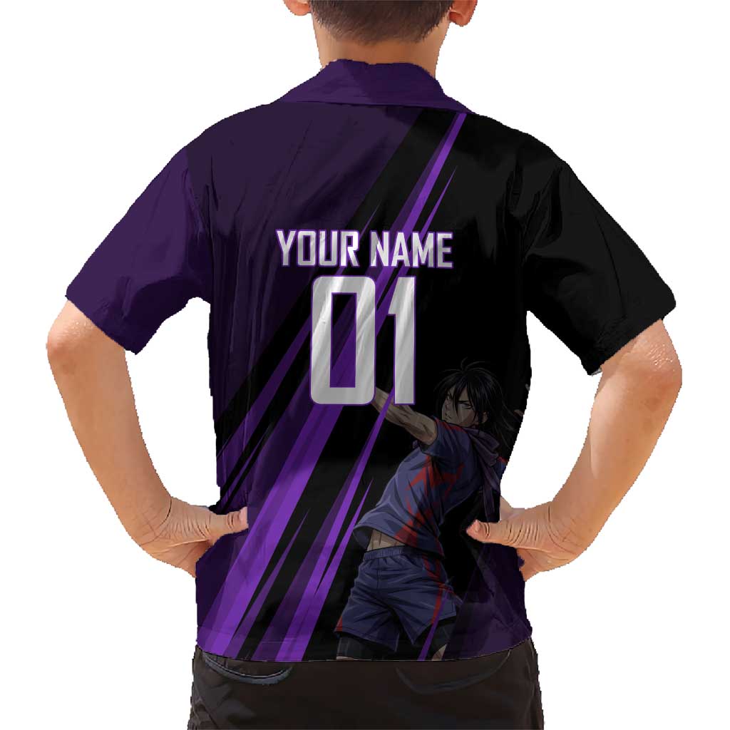 Personalized Sonic Volleyball Design Family Matching Off The Shoulder Long Sleeve Dress and Hawaiian Shirt with Purple and Black Athletic Theme and Agile Jump Pose