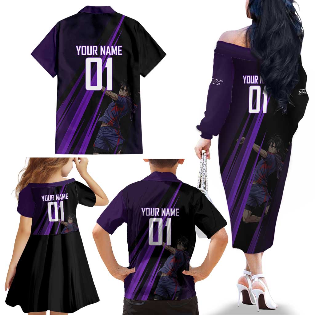 Personalized Sonic Volleyball Design Family Matching Off The Shoulder Long Sleeve Dress and Hawaiian Shirt with Purple and Black Athletic Theme and Agile Jump Pose