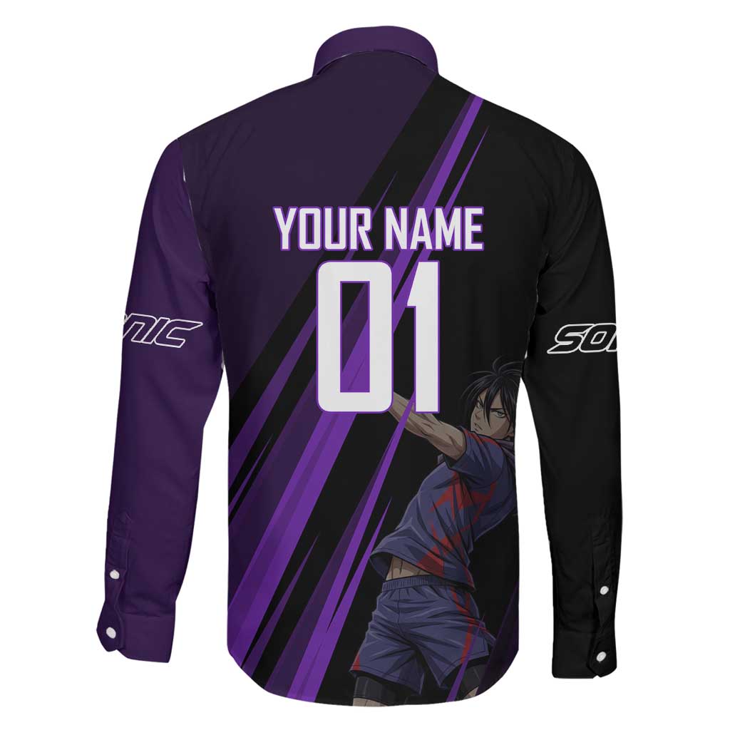 Personalized Sonic Volleyball Design Family Matching Off The Shoulder Long Sleeve Dress and Hawaiian Shirt with Purple and Black Athletic Theme and Agile Jump Pose
