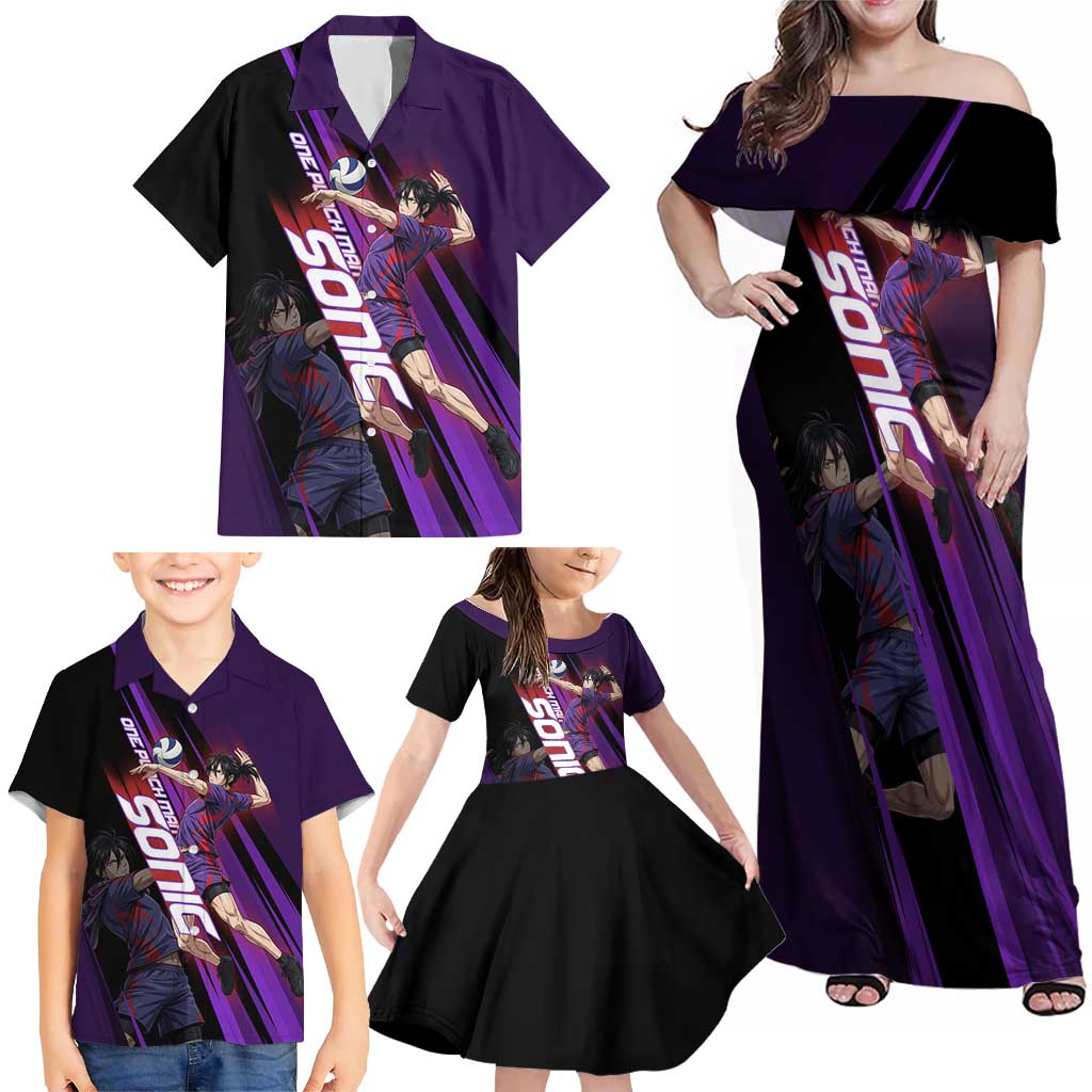 Personalized Sonic Volleyball Design Family Matching Off Shoulder Maxi Dress and Hawaiian Shirt with Purple and Black Athletic Theme and Agile Jump Pose