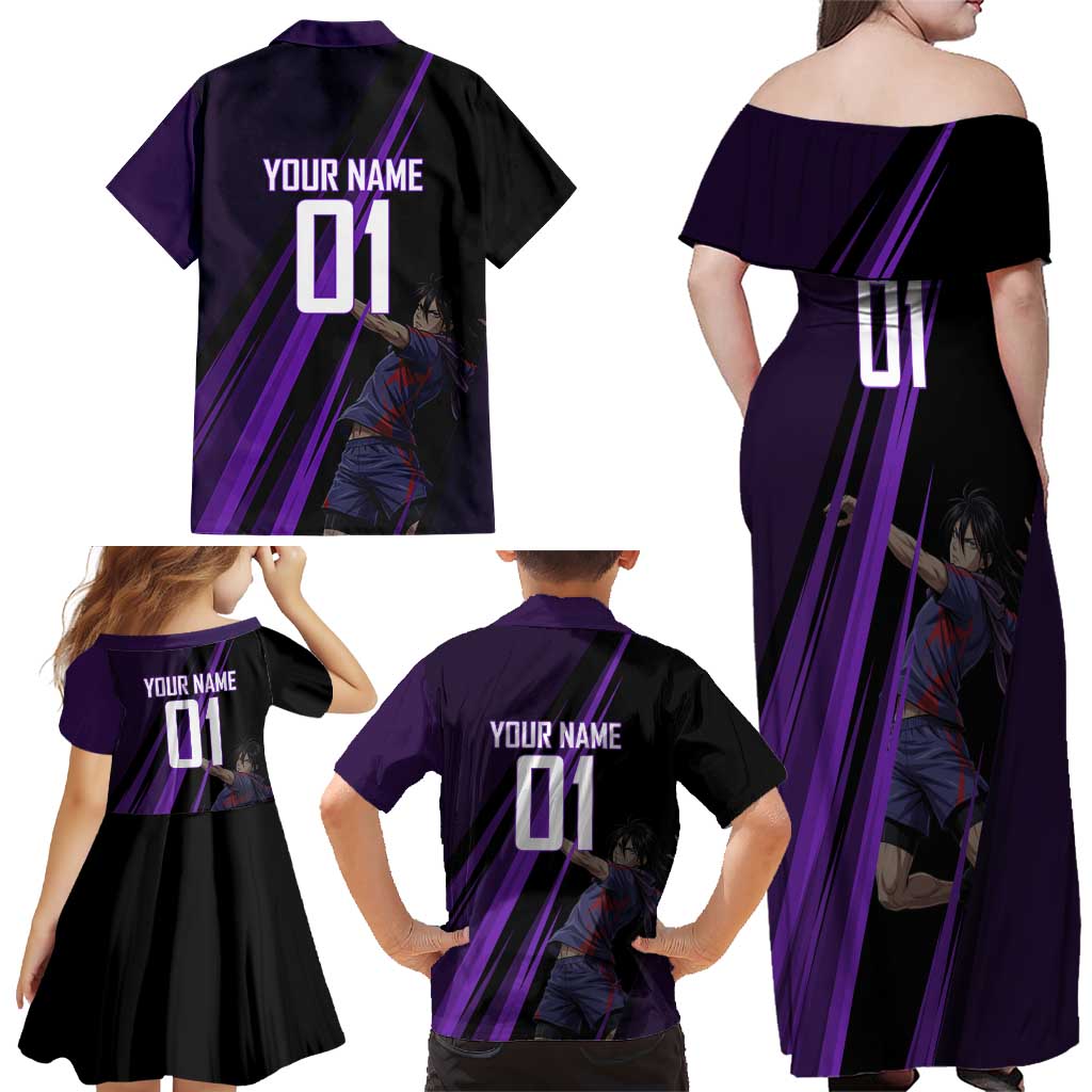 Personalized Sonic Volleyball Design Family Matching Off Shoulder Maxi Dress and Hawaiian Shirt with Purple and Black Athletic Theme and Agile Jump Pose