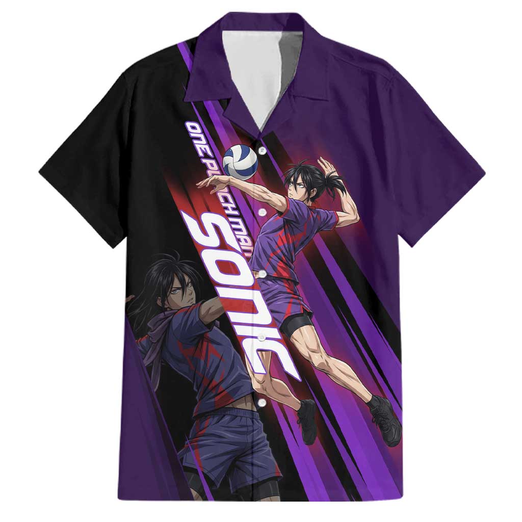 Personalized Sonic Volleyball Design Family Matching Off Shoulder Maxi Dress and Hawaiian Shirt with Purple and Black Athletic Theme and Agile Jump Pose