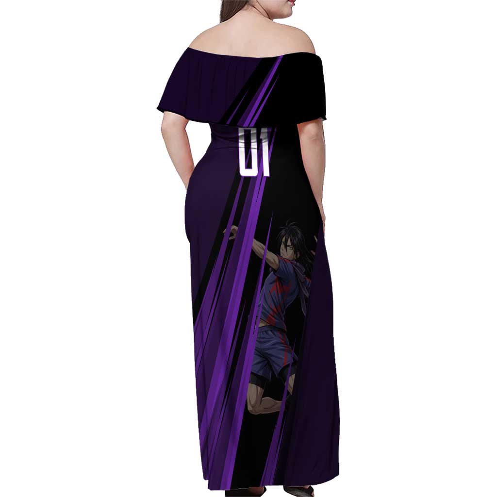 Personalized Sonic Volleyball Design Family Matching Off Shoulder Maxi Dress and Hawaiian Shirt with Purple and Black Athletic Theme and Agile Jump Pose