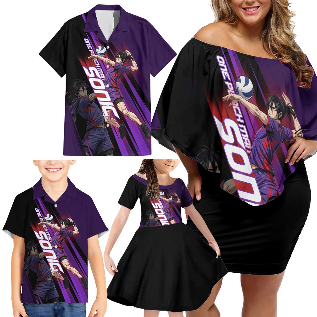 Personalized Sonic Volleyball Design Family Matching Off Shoulder Short Dress and Hawaiian Shirt with Purple and Black Athletic Theme and Agile Jump Pose