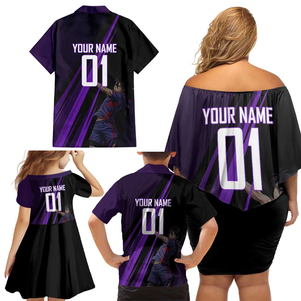 Personalized Sonic Volleyball Design Family Matching Off Shoulder Short Dress and Hawaiian Shirt with Purple and Black Athletic Theme and Agile Jump Pose