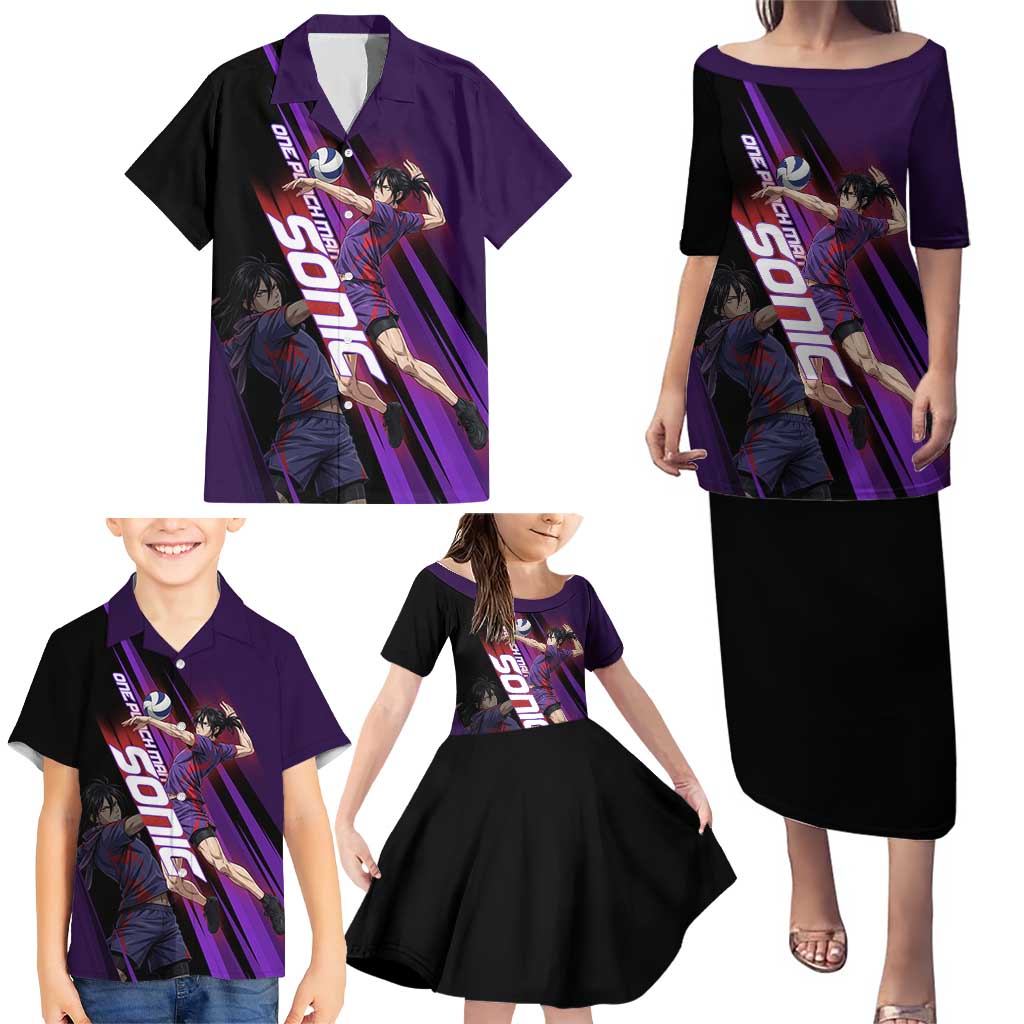 Personalized Sonic Volleyball Design Family Matching Puletasi and Hawaiian Shirt with Purple and Black Athletic Theme and Agile Jump Pose