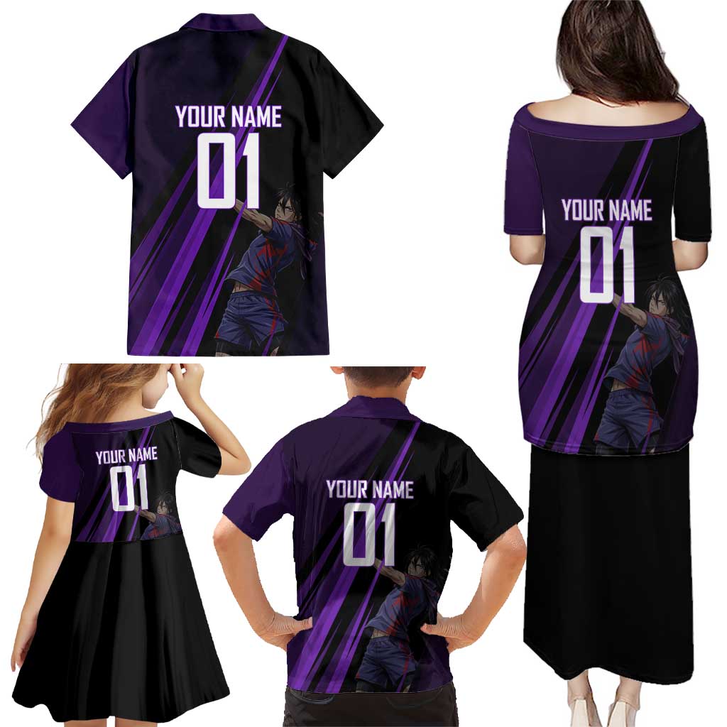 Personalized Sonic Volleyball Design Family Matching Puletasi and Hawaiian Shirt with Purple and Black Athletic Theme and Agile Jump Pose
