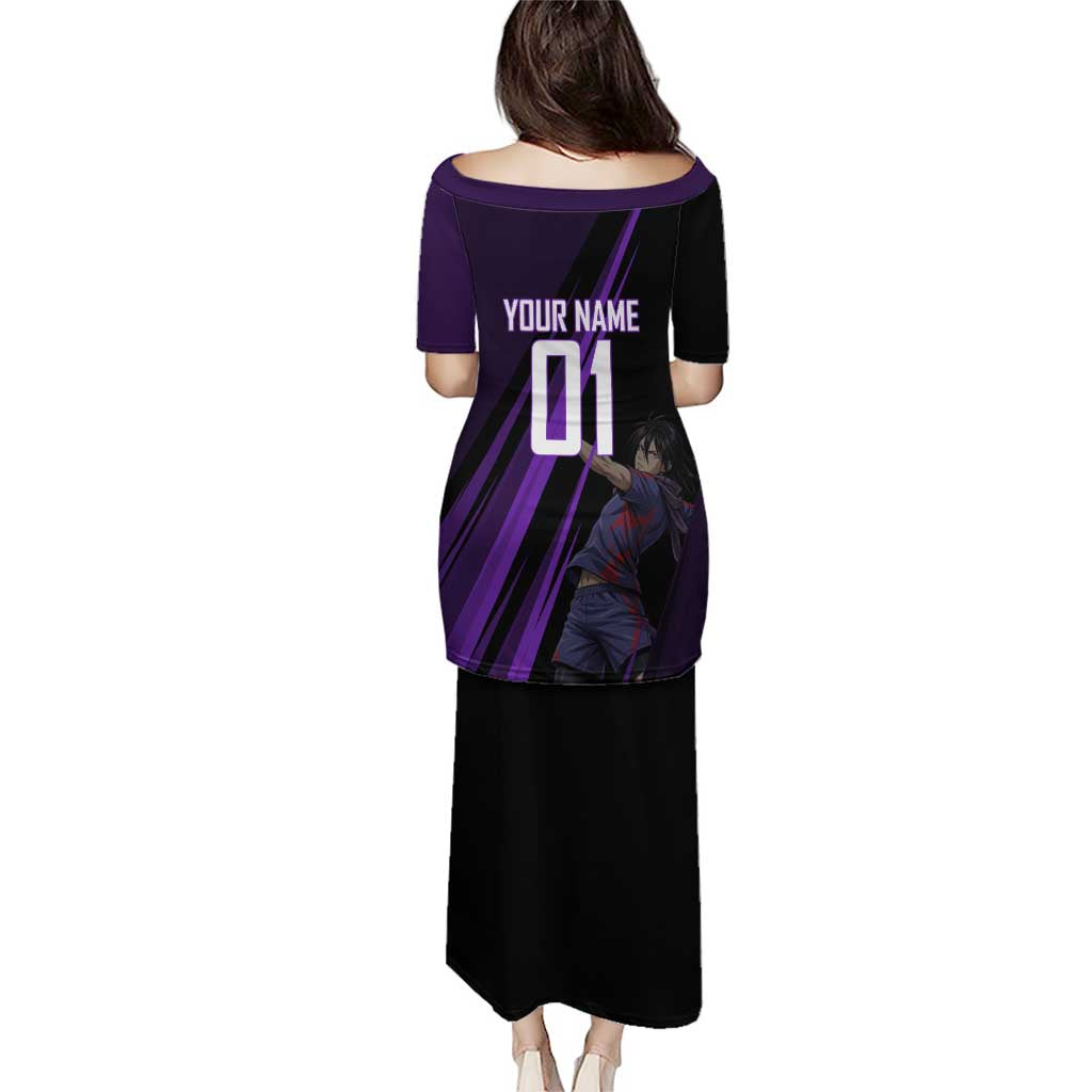 Personalized Sonic Volleyball Design Family Matching Puletasi and Hawaiian Shirt with Purple and Black Athletic Theme and Agile Jump Pose