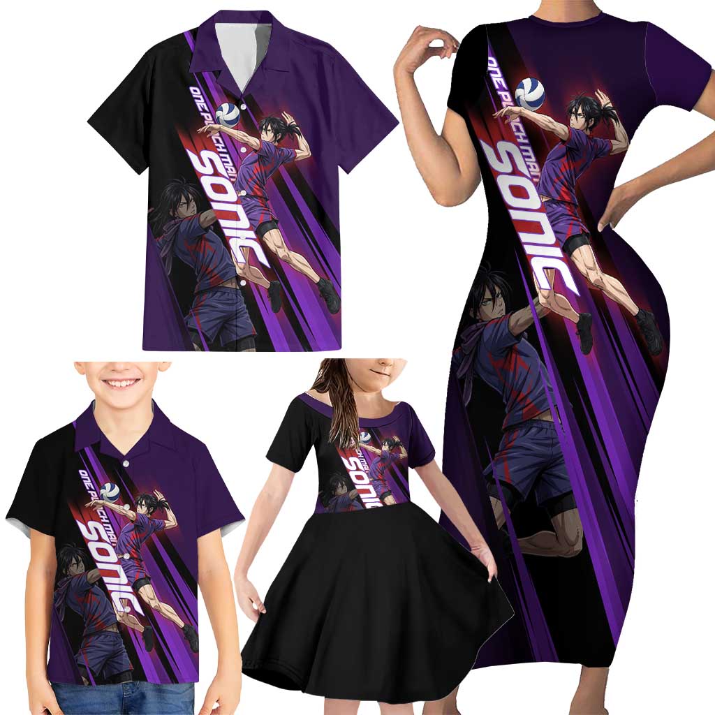 Personalized Sonic Volleyball Design Family Matching Short Sleeve Bodycon Dress and Hawaiian Shirt with Purple and Black Athletic Theme and Agile Jump Pose