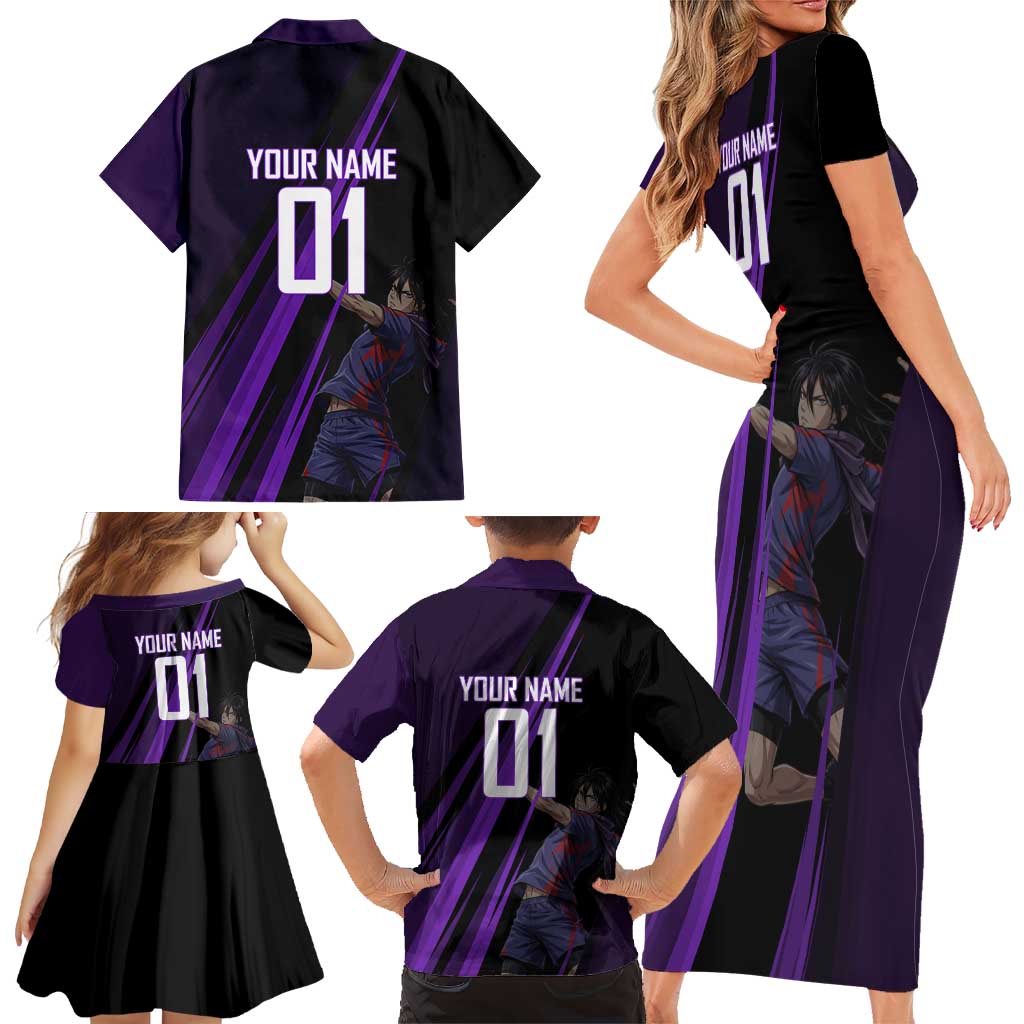 Personalized Sonic Volleyball Design Family Matching Short Sleeve Bodycon Dress and Hawaiian Shirt with Purple and Black Athletic Theme and Agile Jump Pose