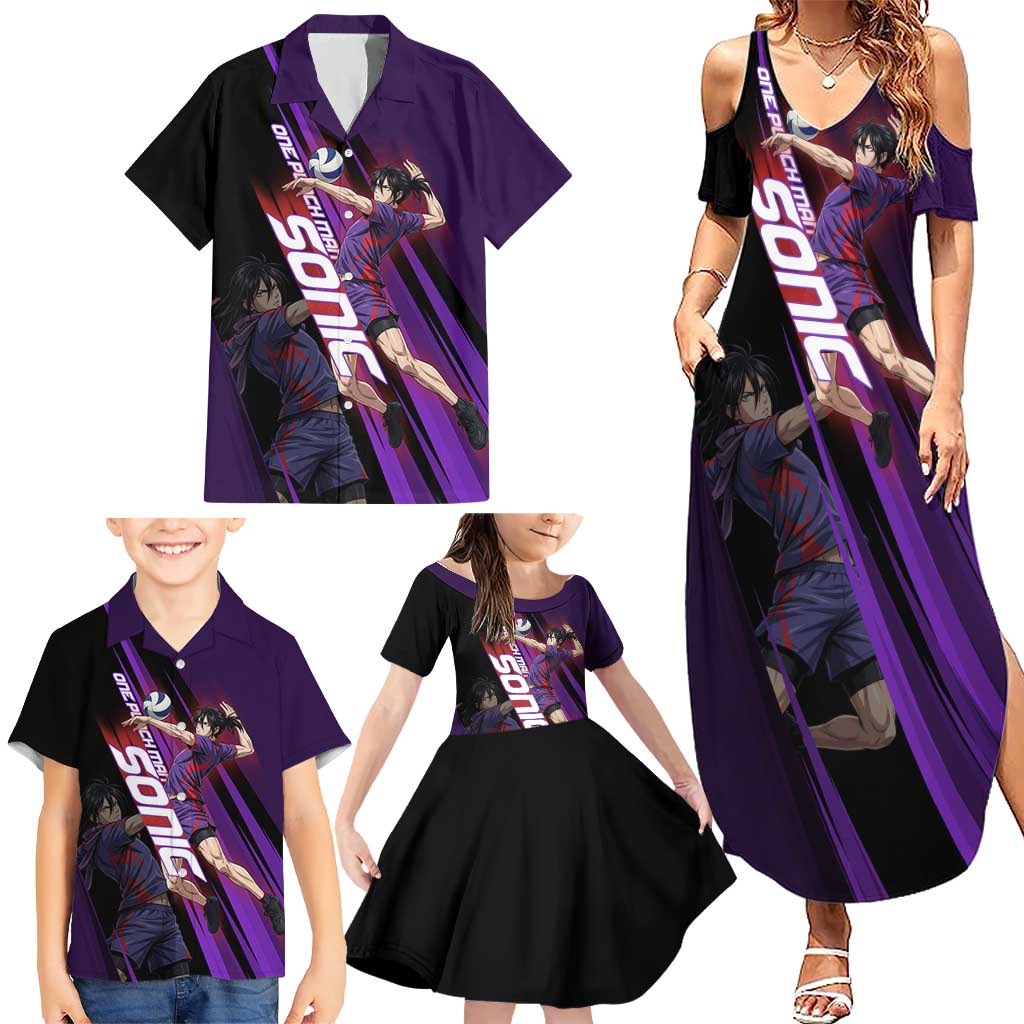 Personalized Sonic Volleyball Design Family Matching Summer Maxi Dress and Hawaiian Shirt with Purple and Black Athletic Theme and Agile Jump Pose