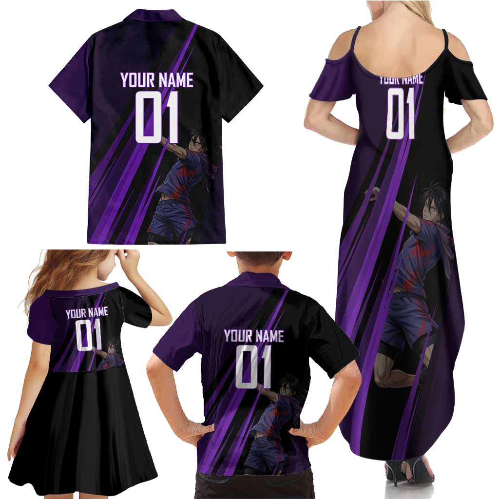 Personalized Sonic Volleyball Design Family Matching Summer Maxi Dress and Hawaiian Shirt with Purple and Black Athletic Theme and Agile Jump Pose