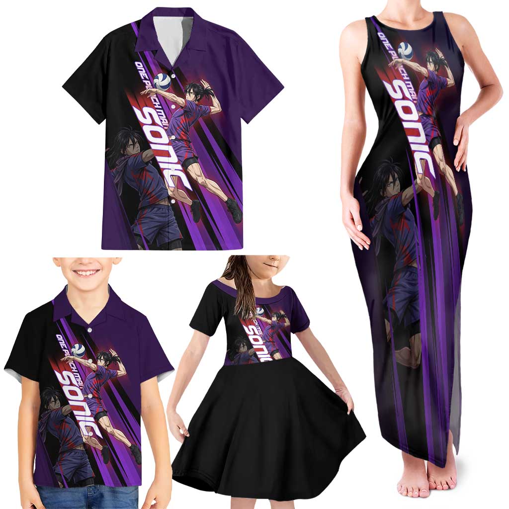 Personalized Sonic Volleyball Design Family Matching Tank Maxi Dress and Hawaiian Shirt with Purple and Black Athletic Theme and Agile Jump Pose