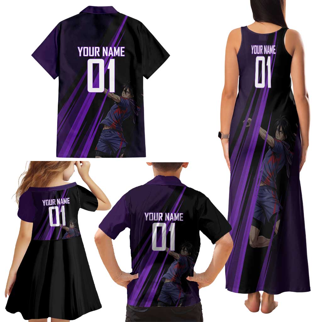 Personalized Sonic Volleyball Design Family Matching Tank Maxi Dress and Hawaiian Shirt with Purple and Black Athletic Theme and Agile Jump Pose