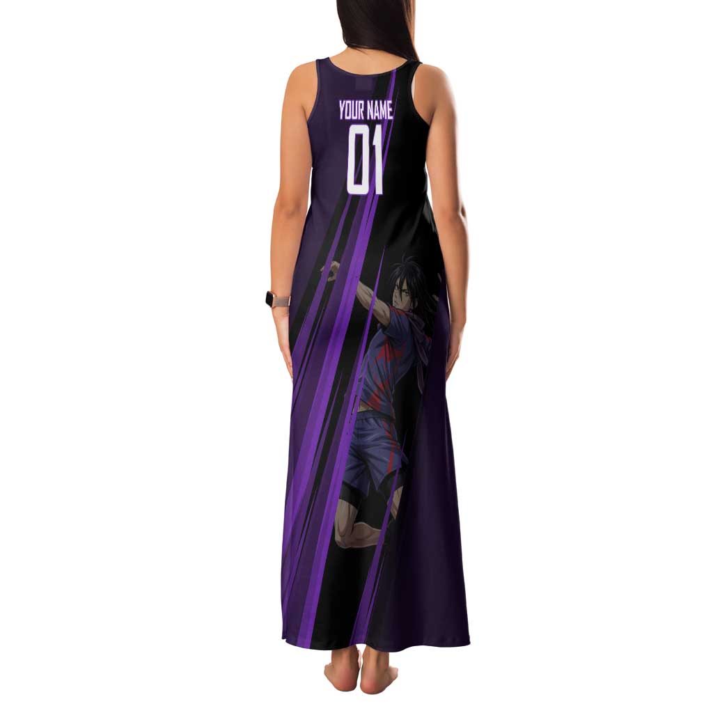 Personalized Sonic Volleyball Design Family Matching Tank Maxi Dress and Hawaiian Shirt with Purple and Black Athletic Theme and Agile Jump Pose