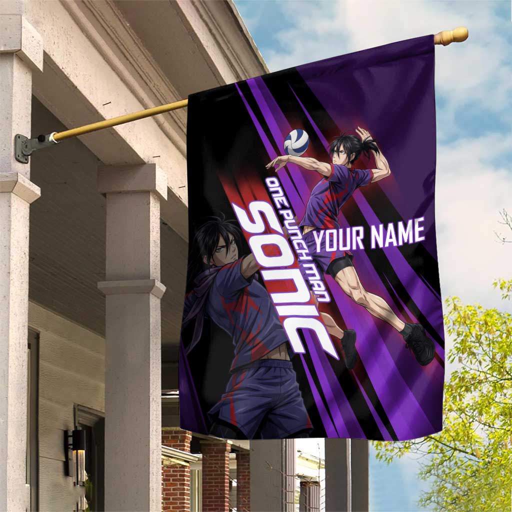 Personalized Sonic Volleyball Design Garden Flag with Purple and Black Athletic Theme and Agile Jump Pose