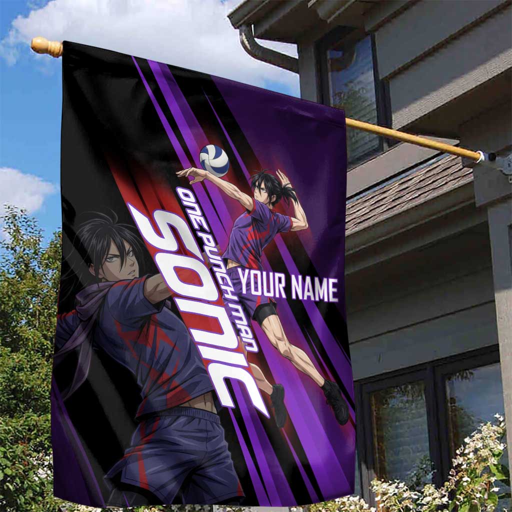 Personalized Sonic Volleyball Design Garden Flag with Purple and Black Athletic Theme and Agile Jump Pose