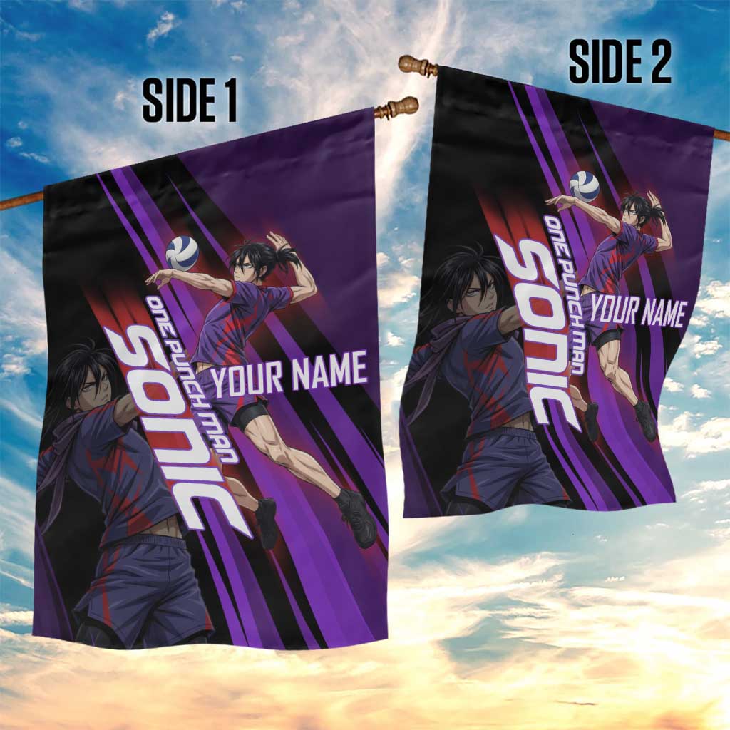 Personalized Sonic Volleyball Design Garden Flag with Purple and Black Athletic Theme and Agile Jump Pose