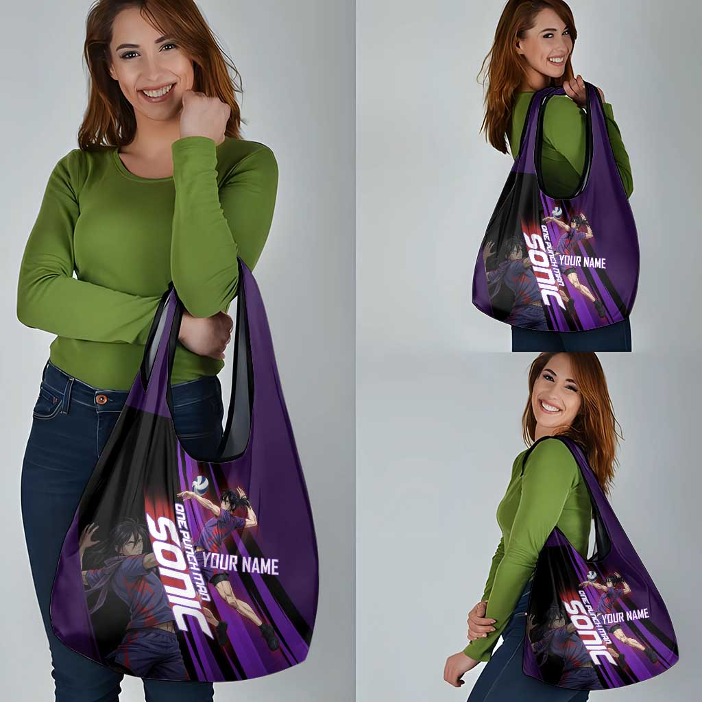 Personalized Sonic Volleyball Design Grocery Bag with Purple and Black Athletic Theme and Agile Jump Pose