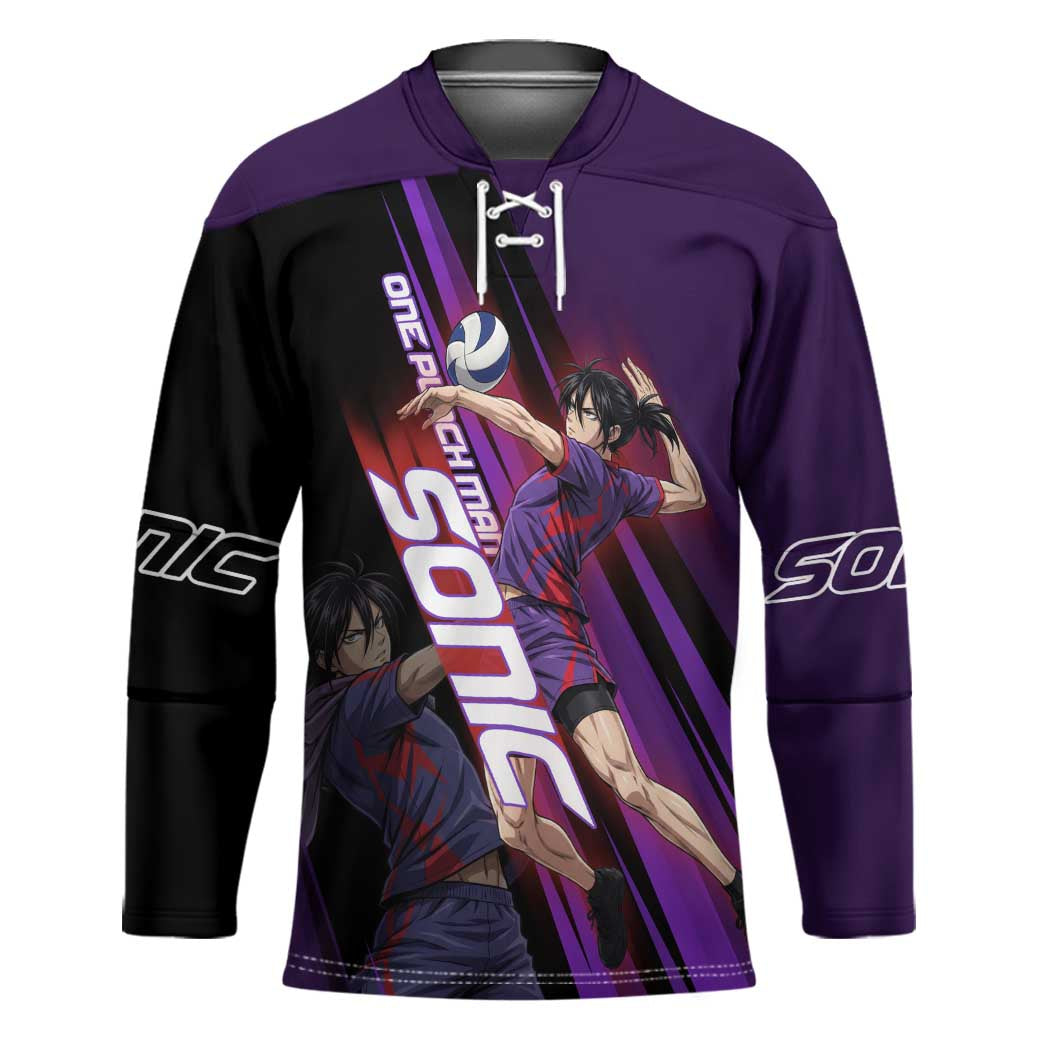 Personalized Sonic Volleyball Design Hockey Jersey with Purple and Black Athletic Theme and Agile Jump Pose