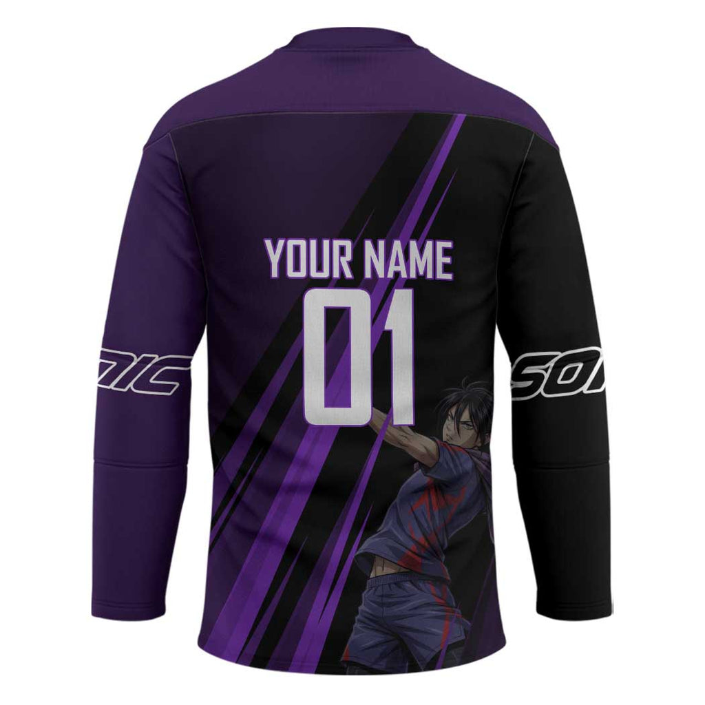 Personalized Sonic Volleyball Design Hockey Jersey with Purple and Black Athletic Theme and Agile Jump Pose