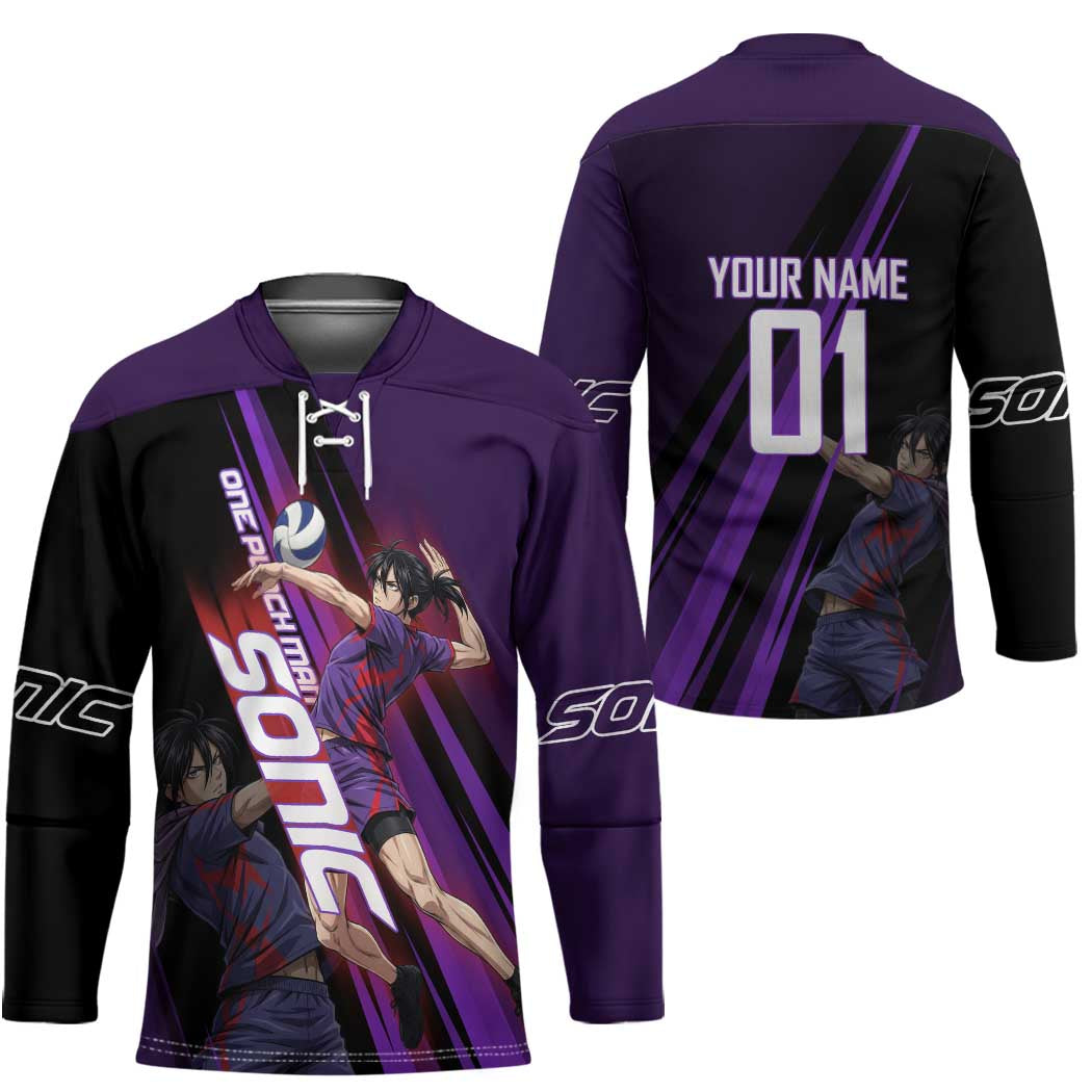 Personalized Sonic Volleyball Design Hockey Jersey with Purple and Black Athletic Theme and Agile Jump Pose