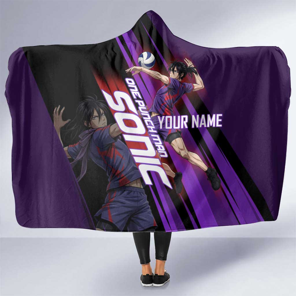 Personalized Sonic Volleyball Design Hooded Blanket with Purple and Black Athletic Theme and Agile Jump Pose