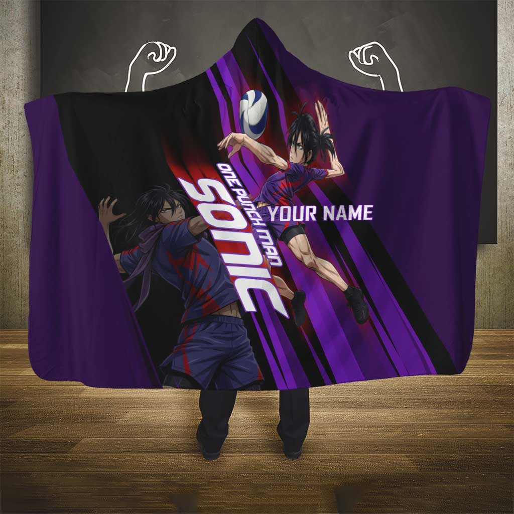 Personalized Sonic Volleyball Design Hooded Blanket with Purple and Black Athletic Theme and Agile Jump Pose