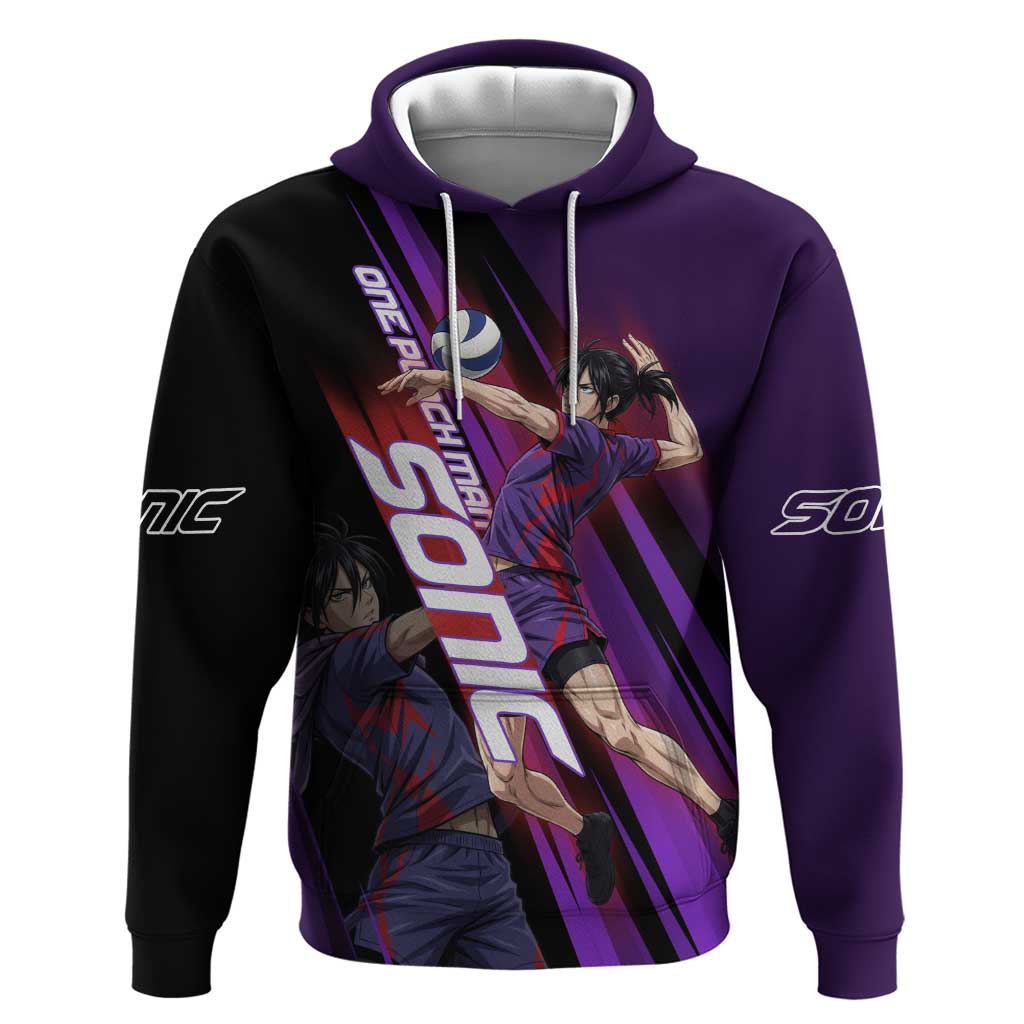 Personalized Sonic Volleyball Design Hoodie with Purple and Black Athletic Theme and Agile Jump Pose