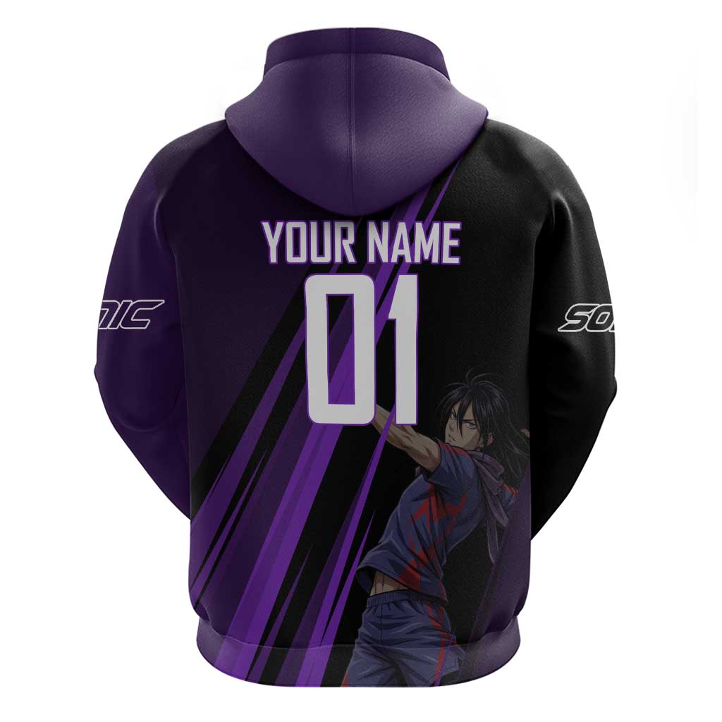 Personalized Sonic Volleyball Design Hoodie with Purple and Black Athletic Theme and Agile Jump Pose