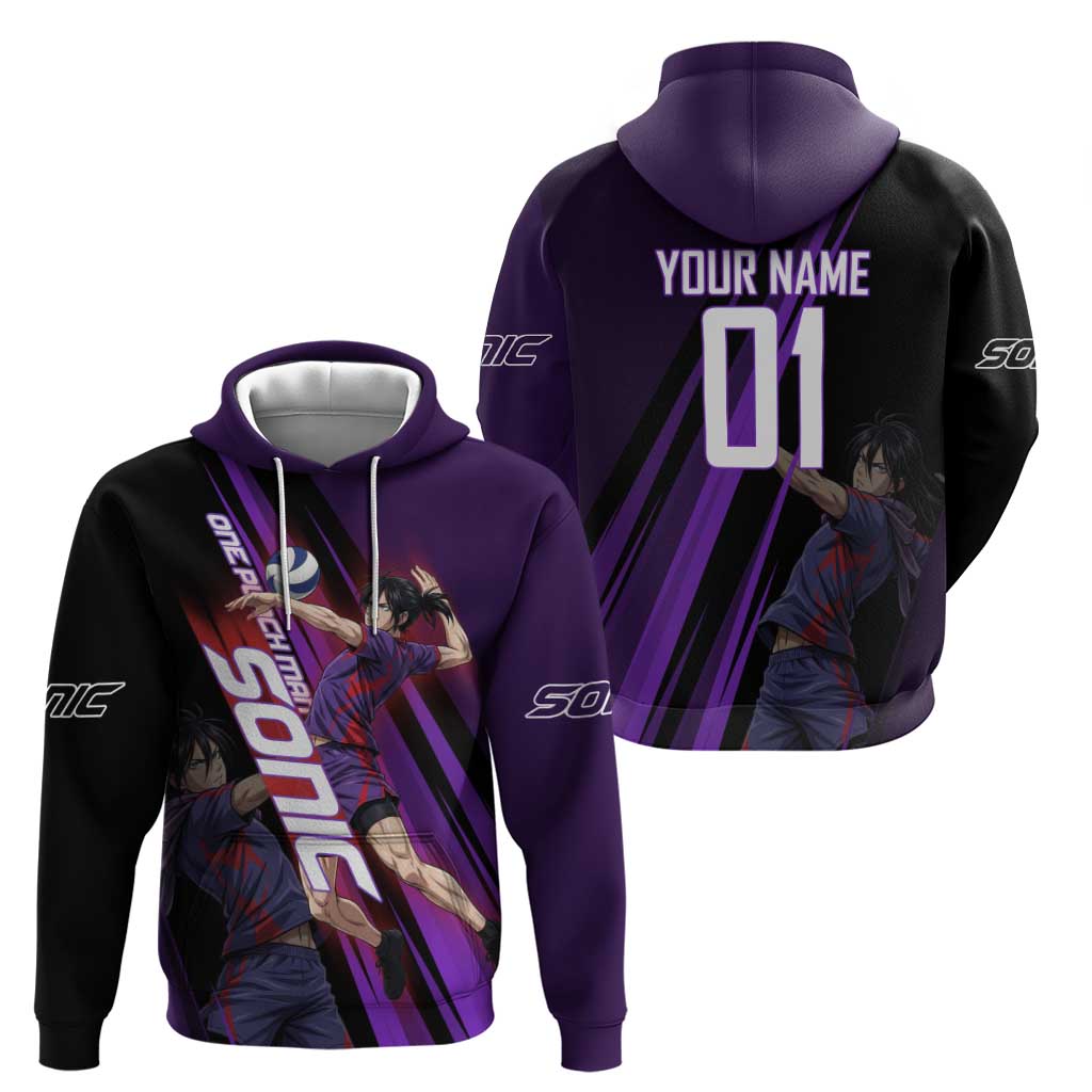 Personalized Sonic Volleyball Design Hoodie with Purple and Black Athletic Theme and Agile Jump Pose