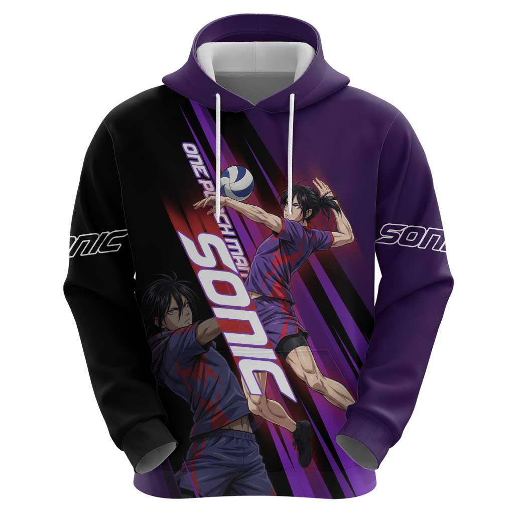 Personalized Sonic Volleyball Design Hoodie with Purple and Black Athletic Theme and Agile Jump Pose