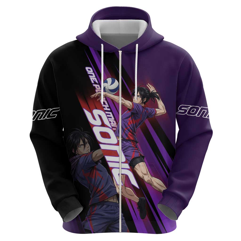 Personalized Sonic Volleyball Design Hoodie with Purple and Black Athletic Theme and Agile Jump Pose