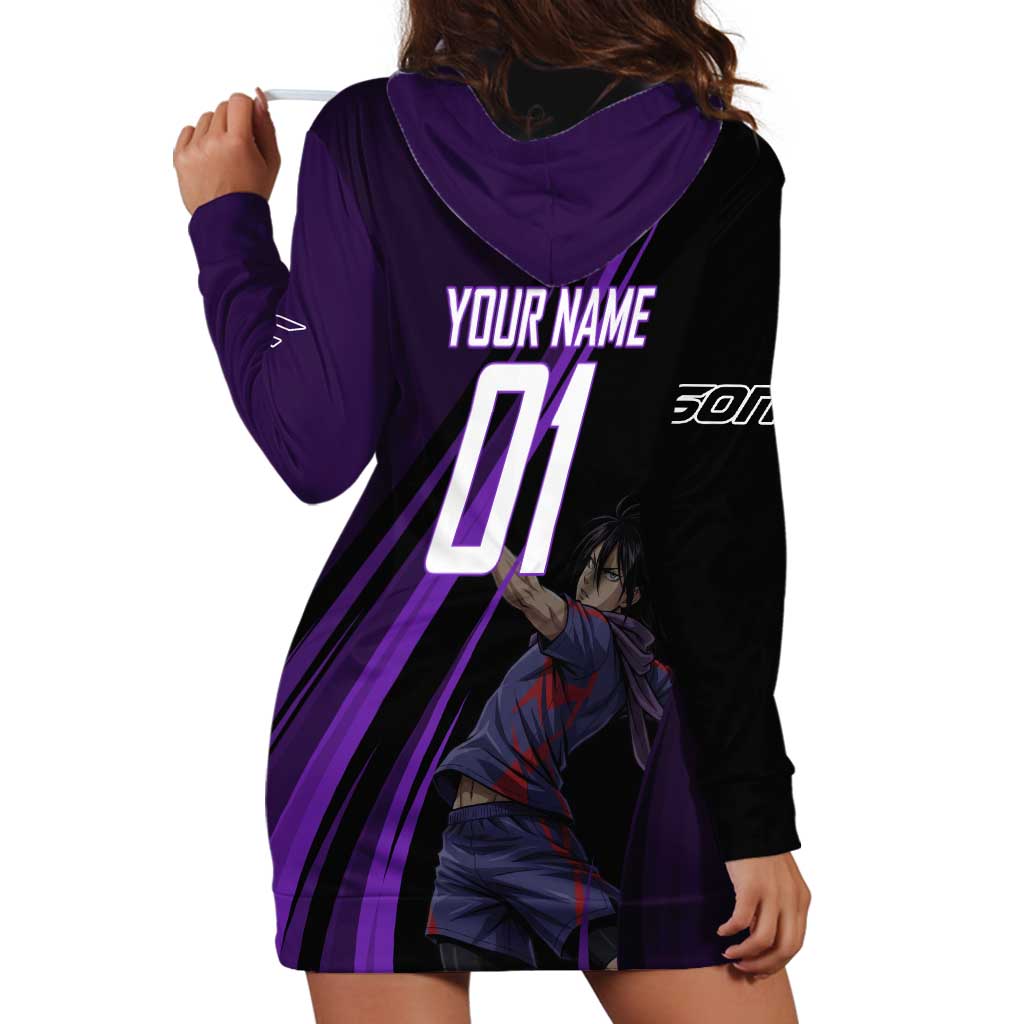 Personalized Sonic Volleyball Design Hoodie Dress with Purple and Black Athletic Theme and Agile Jump Pose