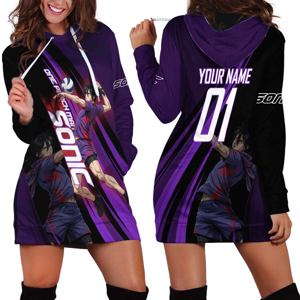 Personalized Sonic Volleyball Design Hoodie Dress with Purple and Black Athletic Theme and Agile Jump Pose