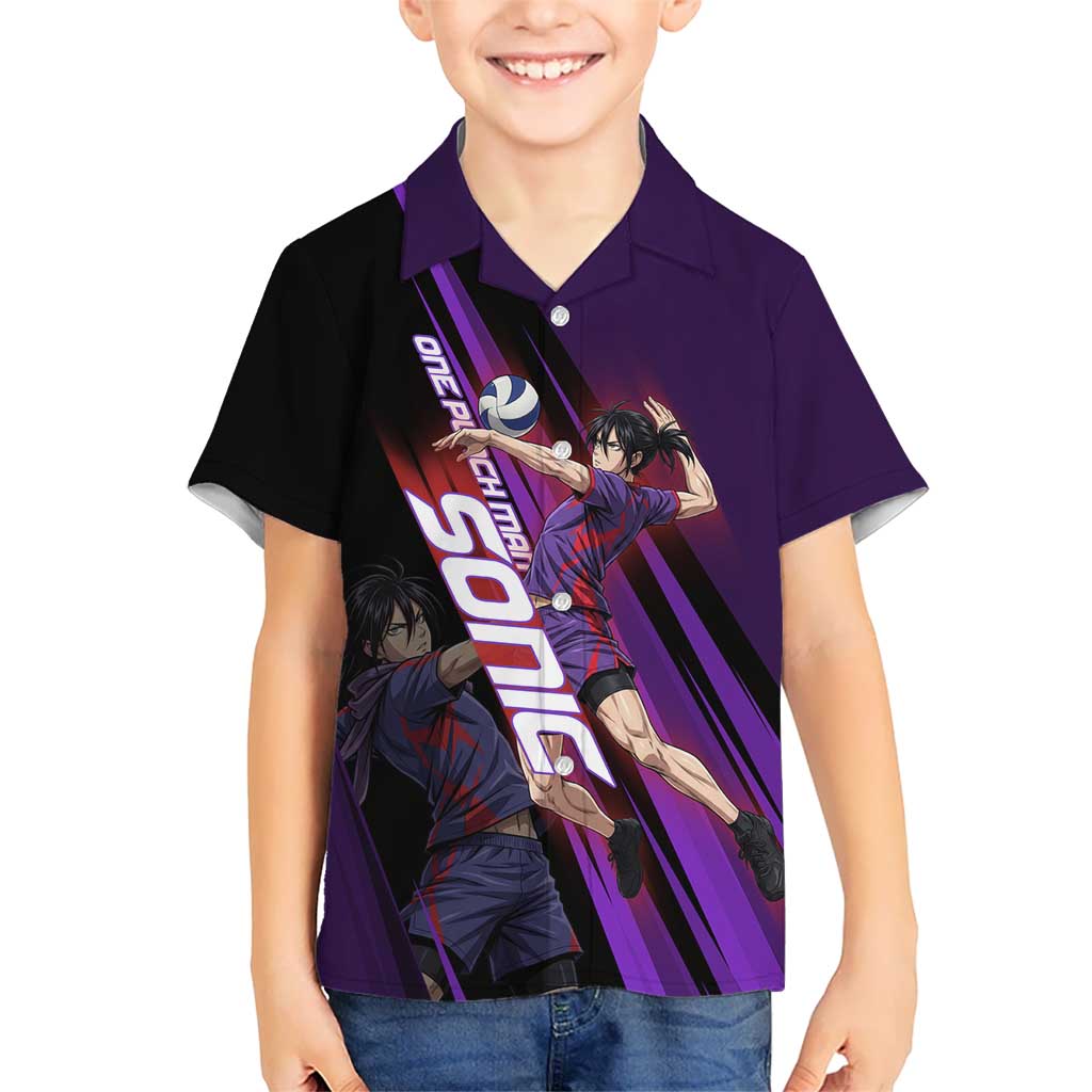 Personalized Sonic Volleyball Design Kid Hawaiian Shirt with Purple and Black Athletic Theme and Agile Jump Pose