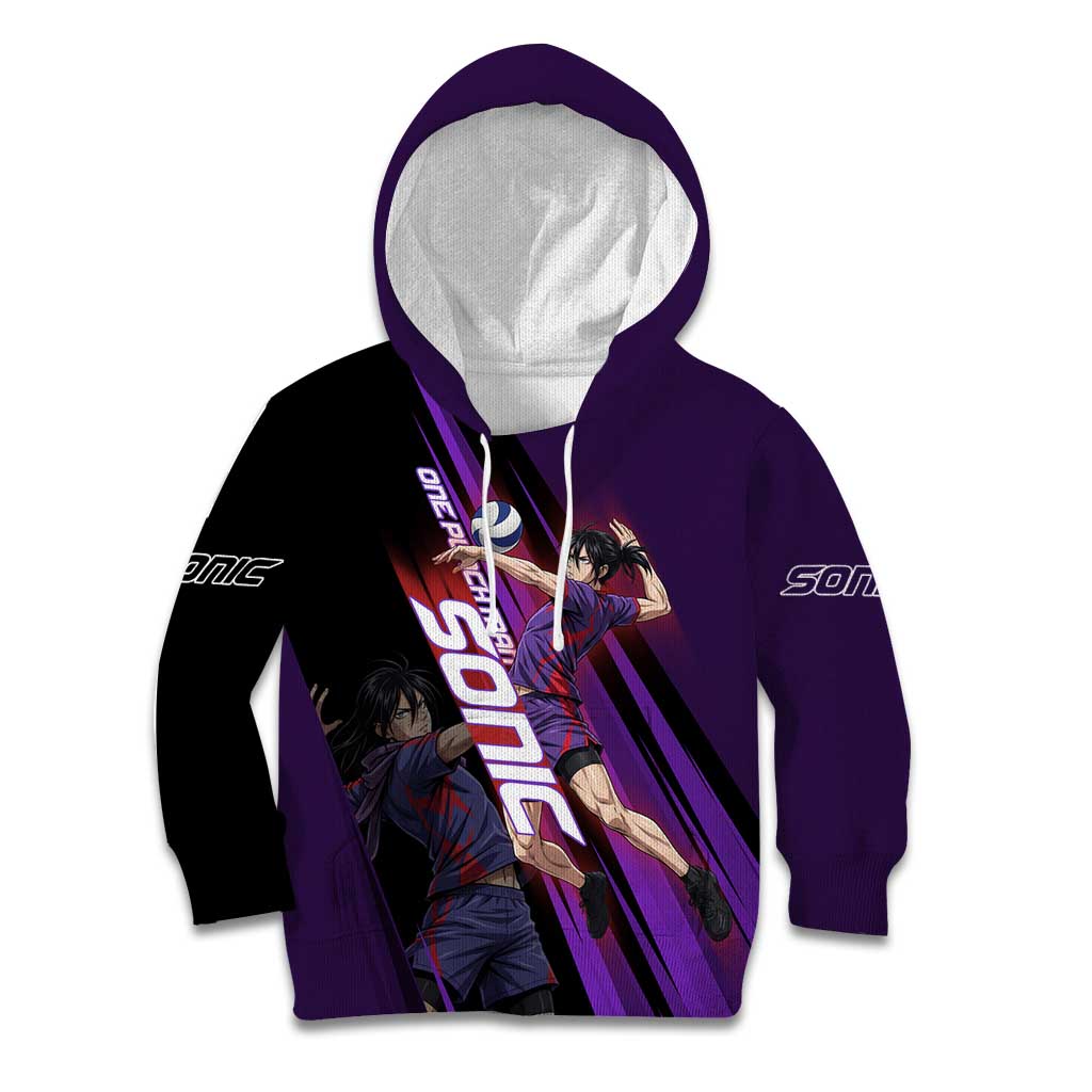 Personalized Sonic Volleyball Design Kid Hoodie with Purple and Black Athletic Theme and Agile Jump Pose