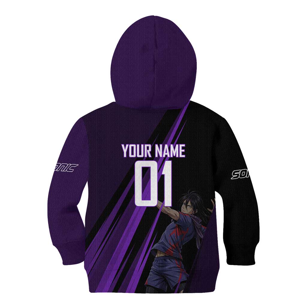 Personalized Sonic Volleyball Design Kid Hoodie with Purple and Black Athletic Theme and Agile Jump Pose