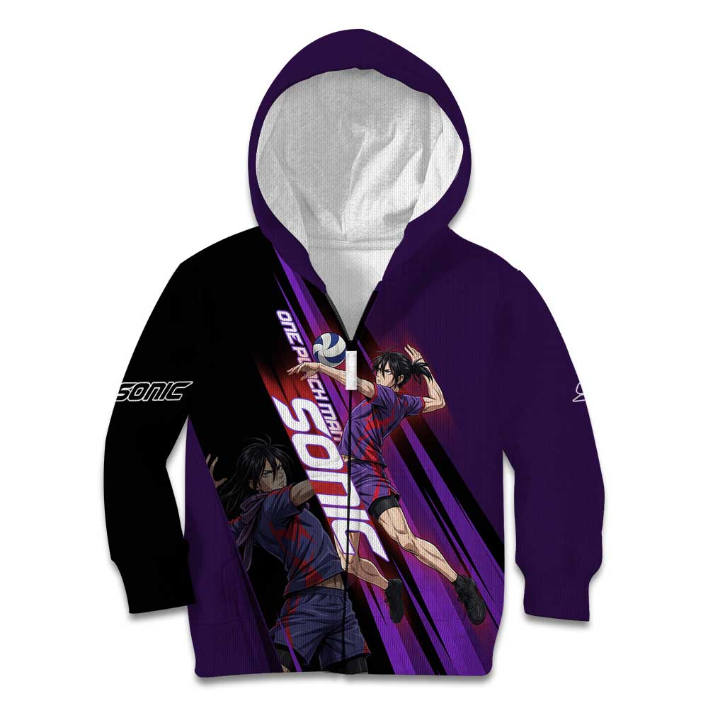 Personalized Sonic Volleyball Design Kid Hoodie with Purple and Black Athletic Theme and Agile Jump Pose