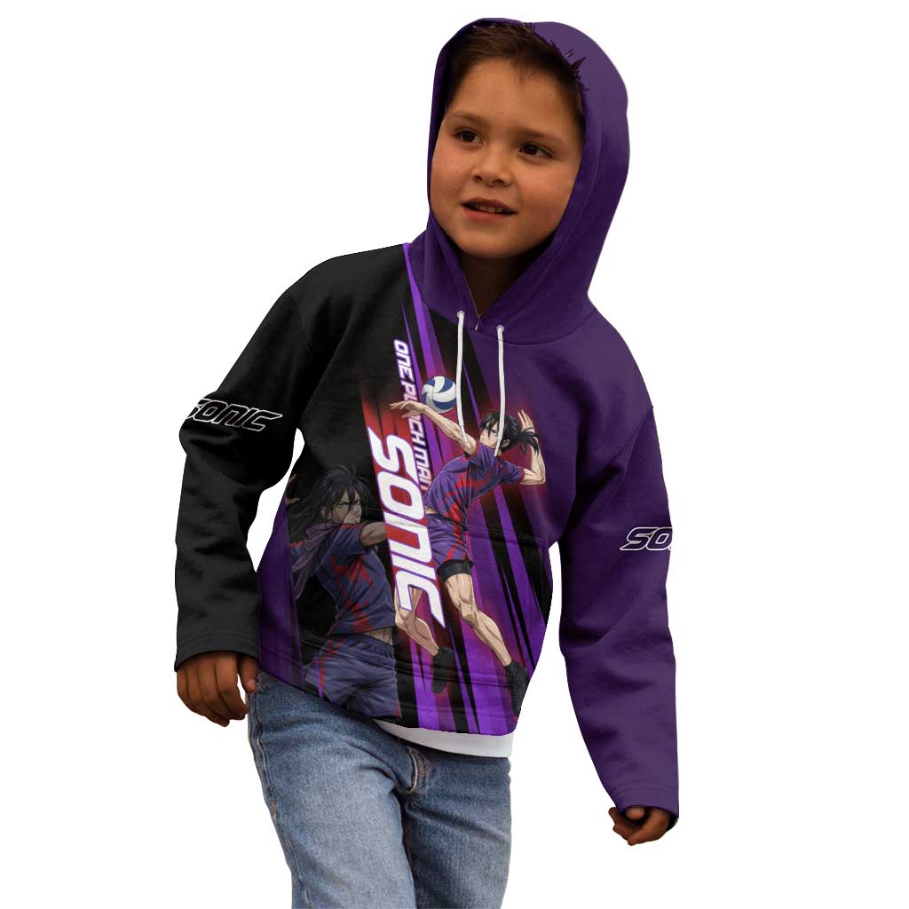 Personalized Sonic Volleyball Design Kid Hoodie with Purple and Black Athletic Theme and Agile Jump Pose