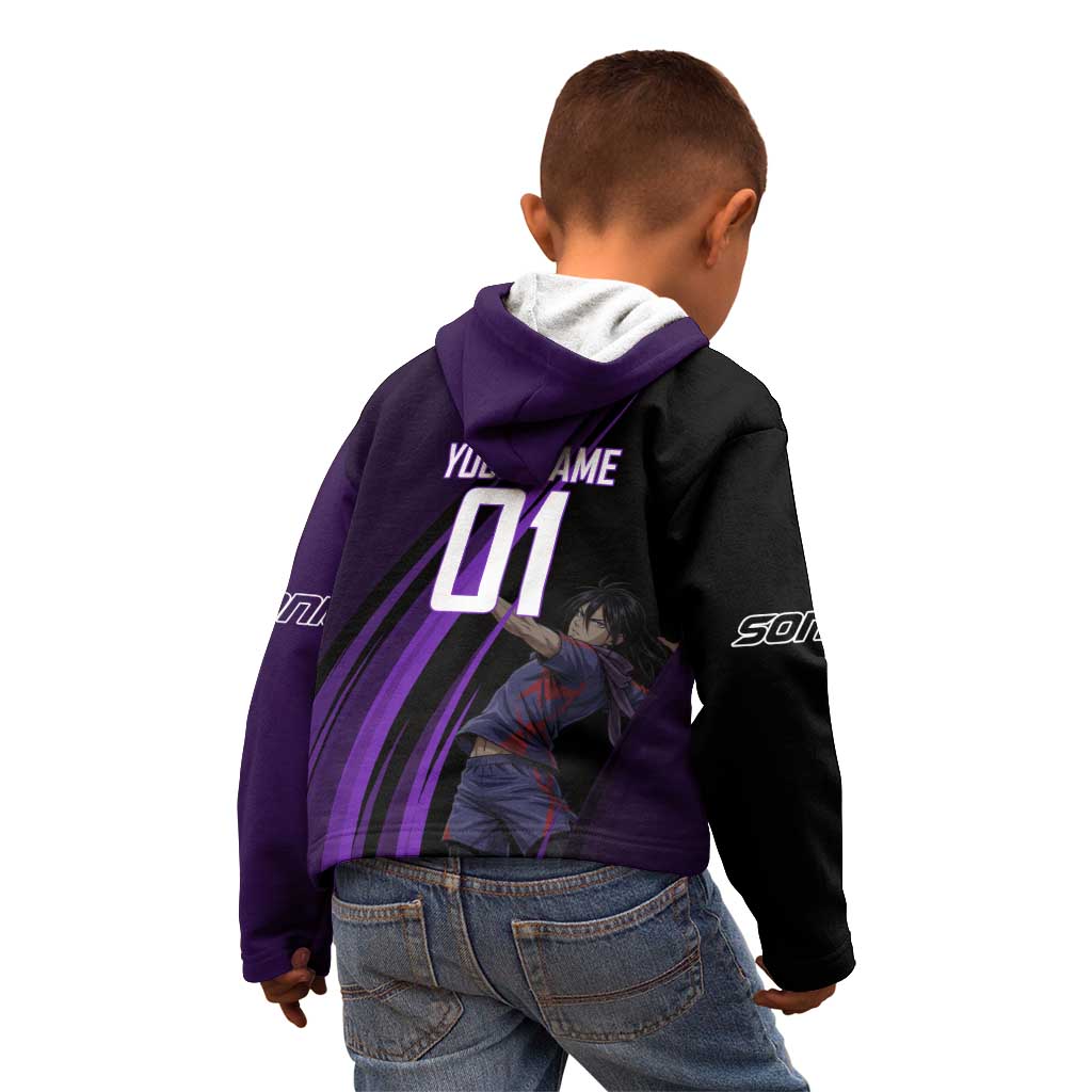 Personalized Sonic Volleyball Design Kid Hoodie with Purple and Black Athletic Theme and Agile Jump Pose